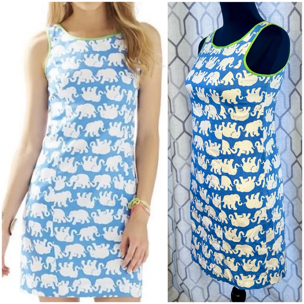 EUC Lilly Pulitzer Blue & White Tusk In Sun Elephant Textured Print Day Dress